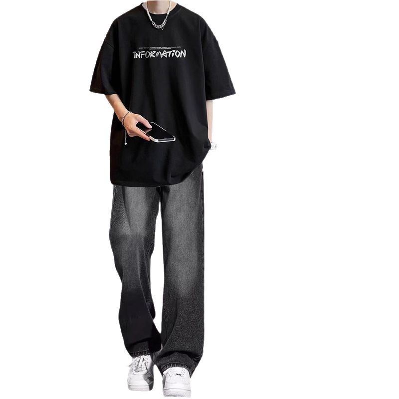 Summer short-sleeved T-shirt 2025 new men's suit fashion set with boys straight jeans two-piece set