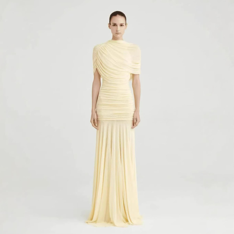 Knitted Dress for Women 2026 Summer European and American Style Irregular Pleated Slim Fit Bodycon Yellow Long Dress