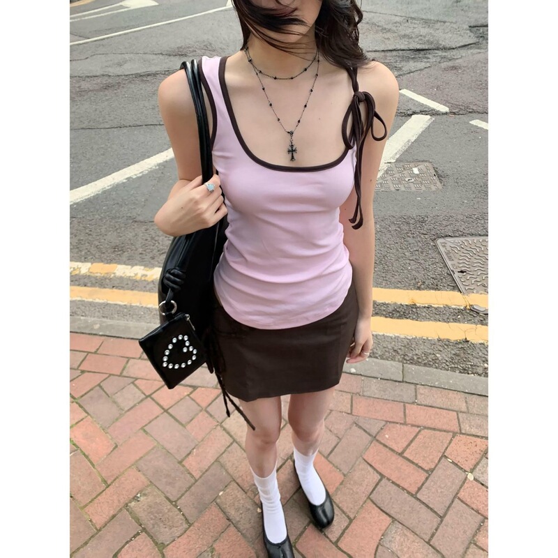 American-Style Spicy Girl Bow-Tie Color-Block Camisole for Women, Summer Slim-Fit Short Top for Outerwear or Layering