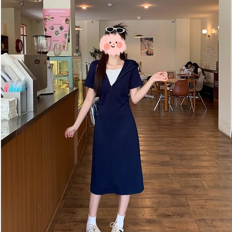 韩版2025夏季新款时尚撞色休闲短袖连衣裙女修身显瘦减龄裙子