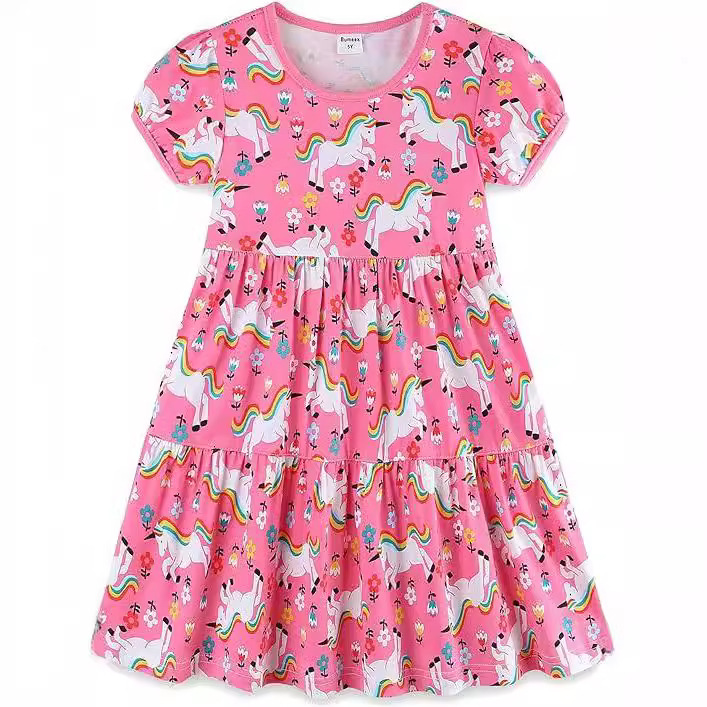 2024 New Summer Girls' Dress Cartoon Print Princess Dress Round Neck Short-Sleeved Children's Dress for Small and Medium-Sized Children