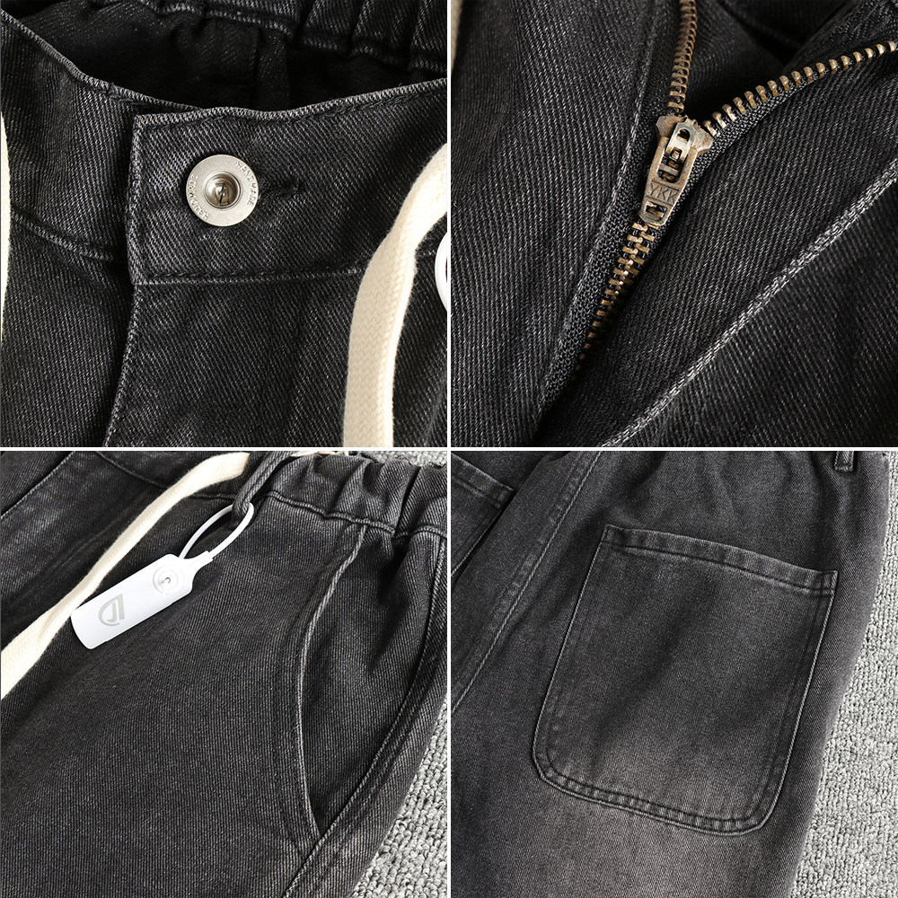 Men's Elastic Waistband Straight Leg Jeans Washed Distressed Black Grey Loose Fitting American Style Trousers_voghion.com