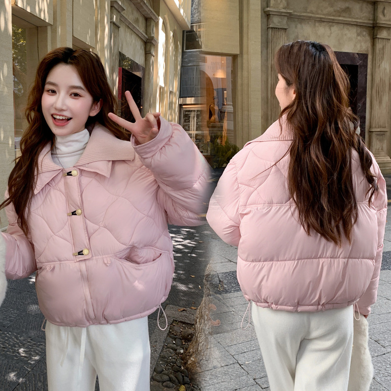 针织领拼接短款羽绒棉服女冬季2025新款韩版宽松保暖棉衣棉袄外套|undefined