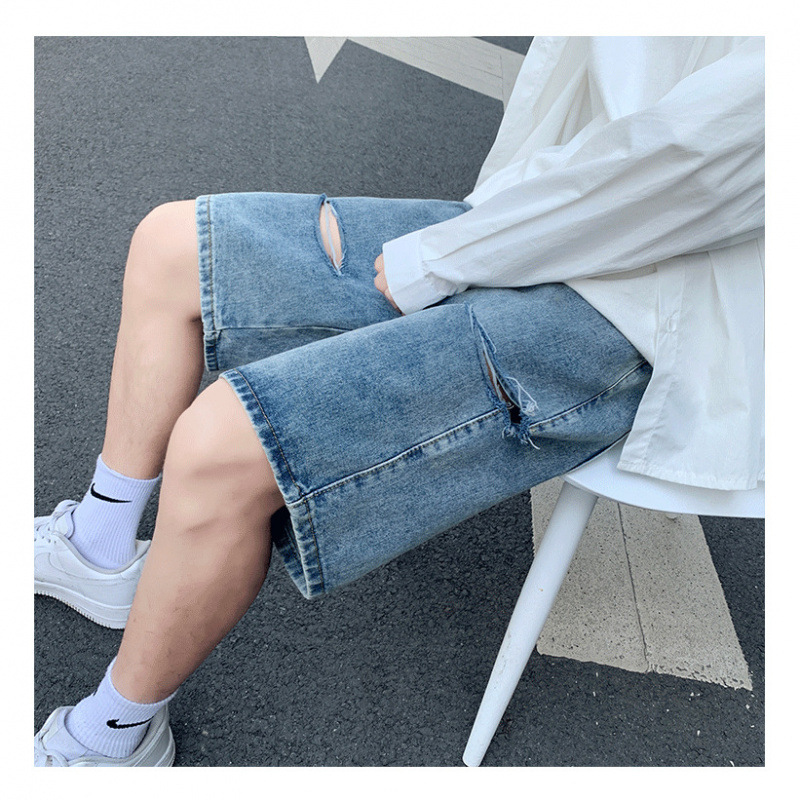 Summer Thin Denim Shorts for Men Korean Style Trendy Ripped Slim Casual Trendy Brand Pants Men's 5-Point Shorts