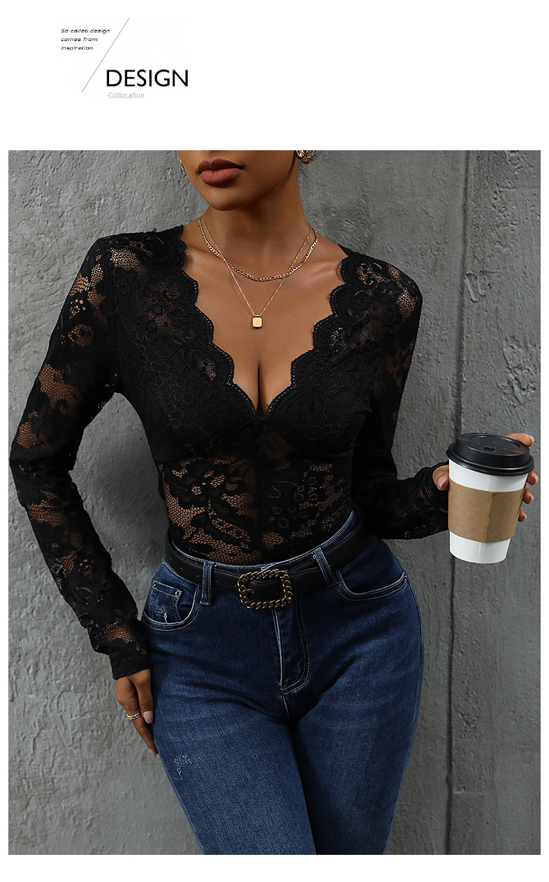 Body intero con scollo a V sexy e popolare in pizzo_voghion.com