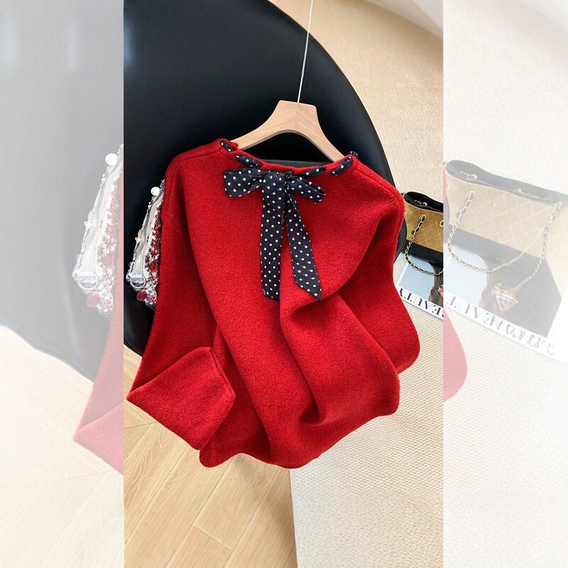 Stylish women's autumn and winter New Year red sweater with a back-tied bow, soft and elegant knit top