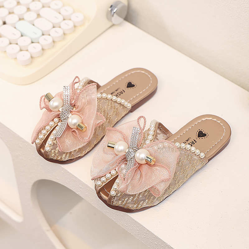 Niñas zapatillas de malla de encaje de verano nuevas zapatillas infantiles caseras niñas zapatillas de cabeza de perla princesa