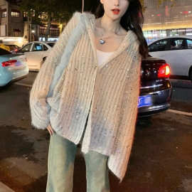 慵懒风重工珠片连帽毛衣开衫外套女2023秋冬季软糯针织衫上衣