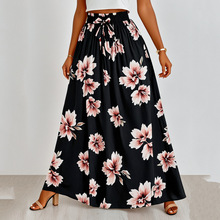 女式大码长款花朵图案清新中长裙欧美跨境休闲度假外出A字半身裙