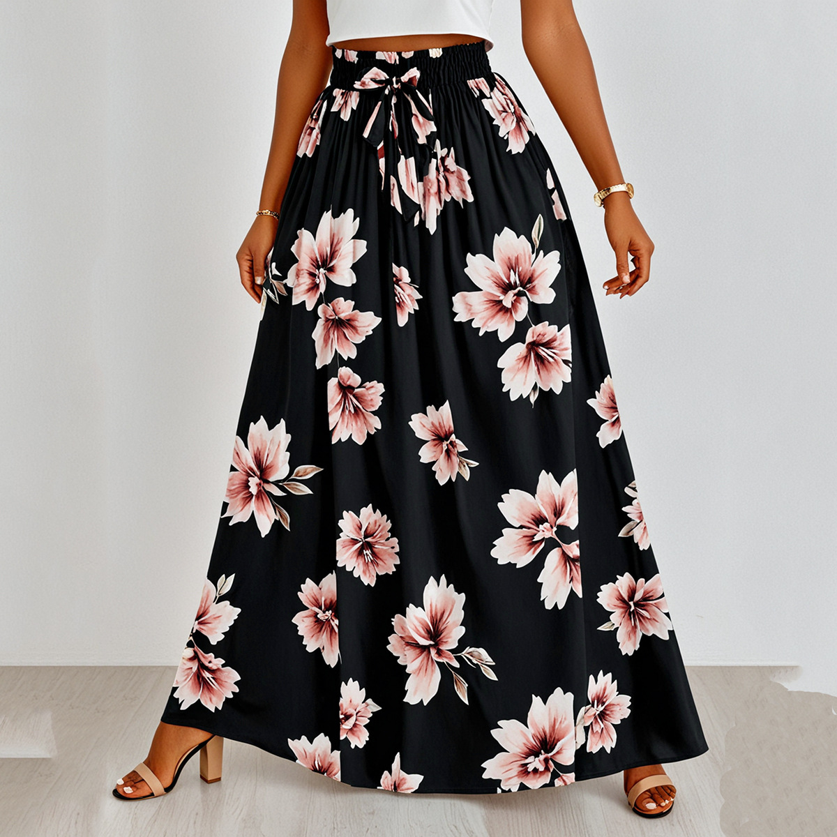 女式大码长款花朵图案清新中长裙欧美跨境休闲度假外出A字半身裙