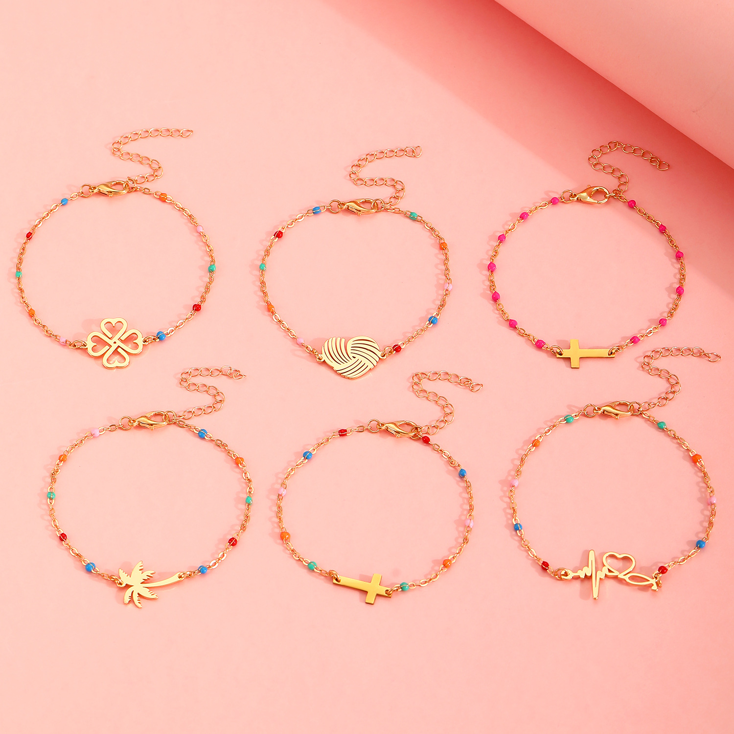 Minimalist Cross And Heart Beaded Bracelet With Enamel Beads_voghion.com