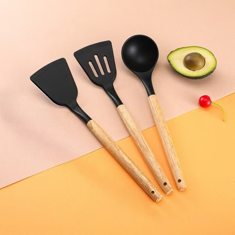 Mango de madera doméstico silicona de grado alimenticio resistente a altas temperaturas, espátula de sopa, espátula de olla, espátula de olla, cocina, utensilios de cocina de silicona, 3 juegos