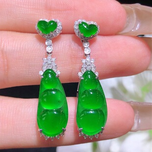 Natural Jade Earrings 18K Gold Inlaid with Green Fu Bean Earrings Waterful Color Jade Earrings