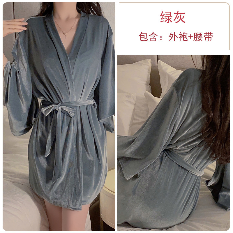 瑰若纯欲甜美丝绒睡衣激情火辣低胸荡领睡裙开襟外袍家居套装2821|undefined
