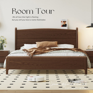 Walnut Color Ash Wood French Bed Mortise and Tenon Household Solid Wood Bed 1.2m Modern Simple Bed Single Bed 1.2m