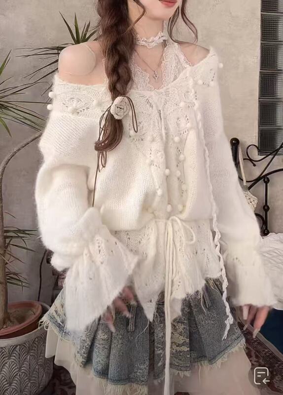 YS慵懒风毛球羊毛外套女少女设计感薄款绑带短版针织衫宽松开衫女|undefined