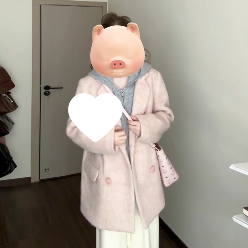 Pink Woolen Blazer for Women, Spring 2026 New Korean Style, Petite Chanel-Style Wool Coat