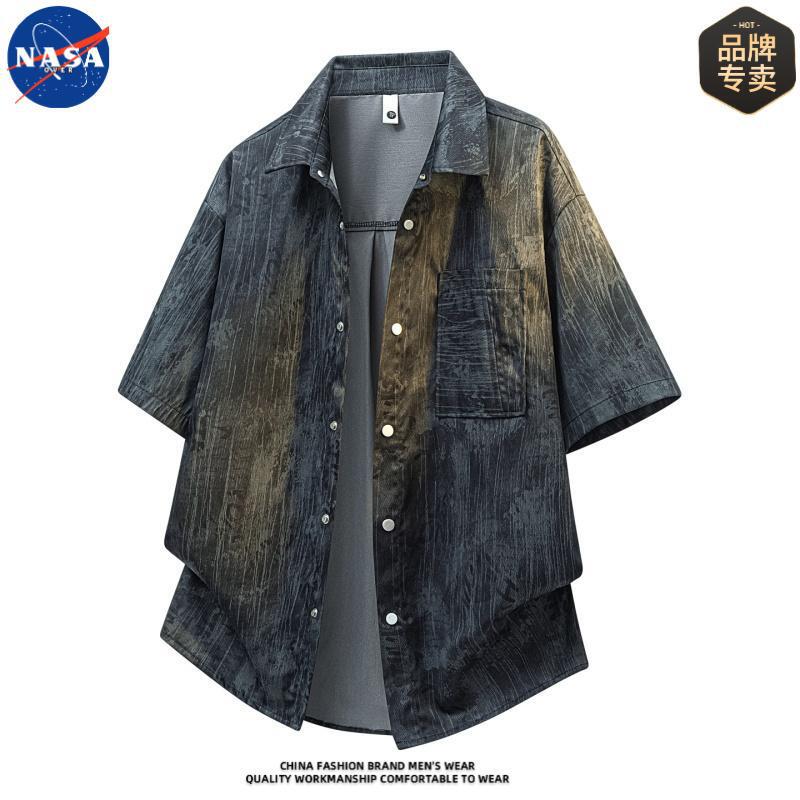 Nasa Brand High-Quality Tie-Dye Short-Sleeved Lapel Shirt for Men, Summer Cool Breathable Casual Fashion Shirt Trend