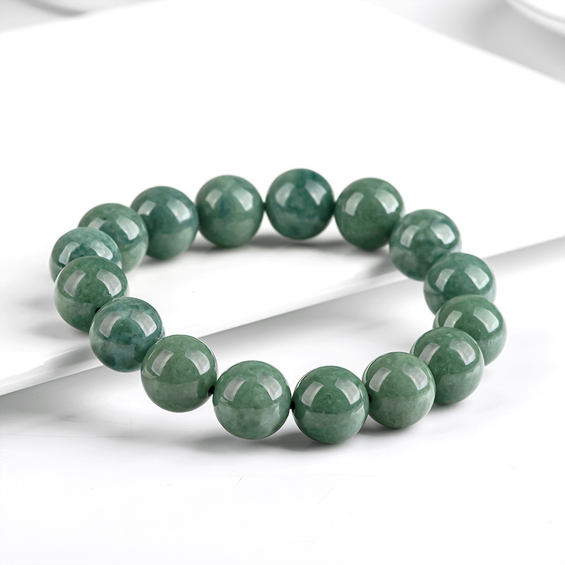 Natural A-Grade Jadeite Deep Bean Green Round Bead Bracelet Ice Jade Jade Bead Bracelet Men's and Women's Hand Jewelry Wholesale