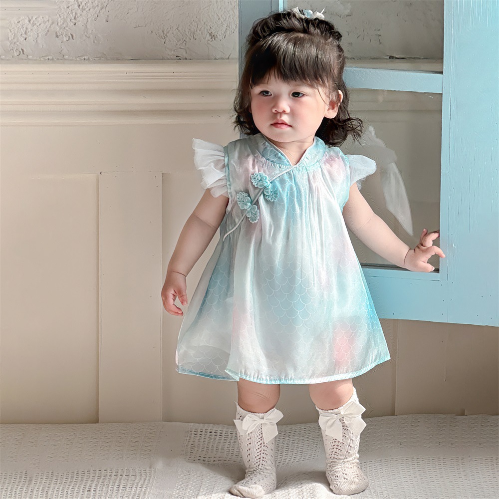 Vestido de niña verano a vestido de princesa de estilo occidental nueva sirena azul Ji bebé nueva falda china 1