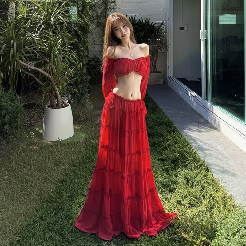 Beautiful and Alluring Red One-Shoulder Tube Top Long-Sleeve Top with Ruffles for Photoshoots at Thailand's Seaside Resort
