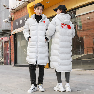 Winter Chinese team down cotton-padded jacket men's long knee-high sweethearts outfit Sports winter training coat sports student training coat