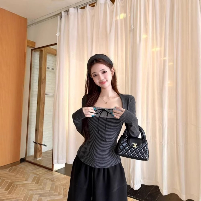 [260g Rayon Modal] Striped T-Shirt for Women, Autumn and Winter Drawstring Slim Fit Polka Dot Color-Blocking Versatile Top