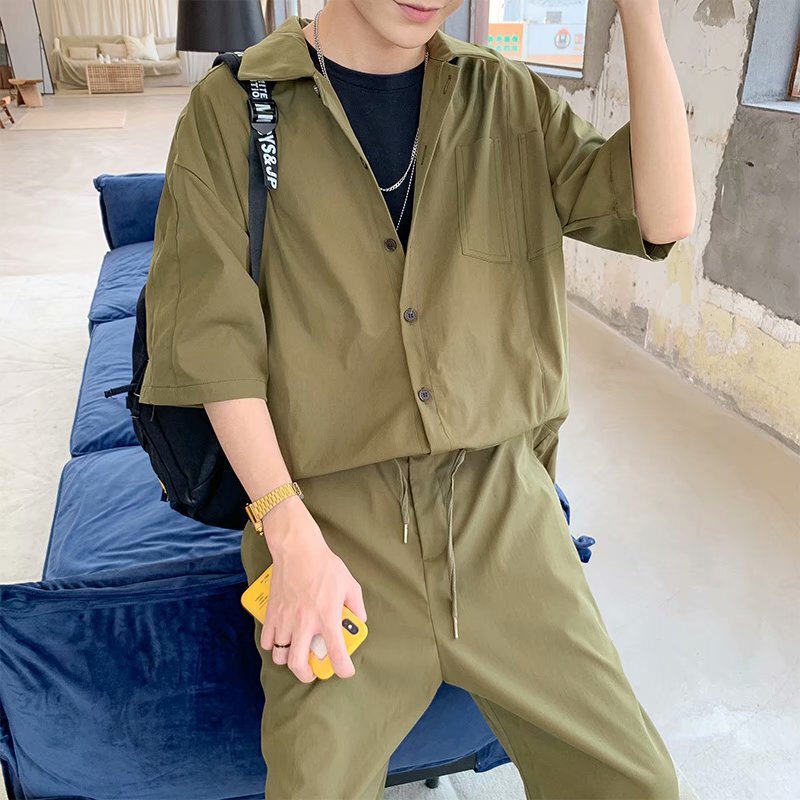 Summer ins Trendy Brand Overalls Ankle-length Pants Men's Korean-style Trendy Youth Loose Casual Half-sleeve Jumpsuit