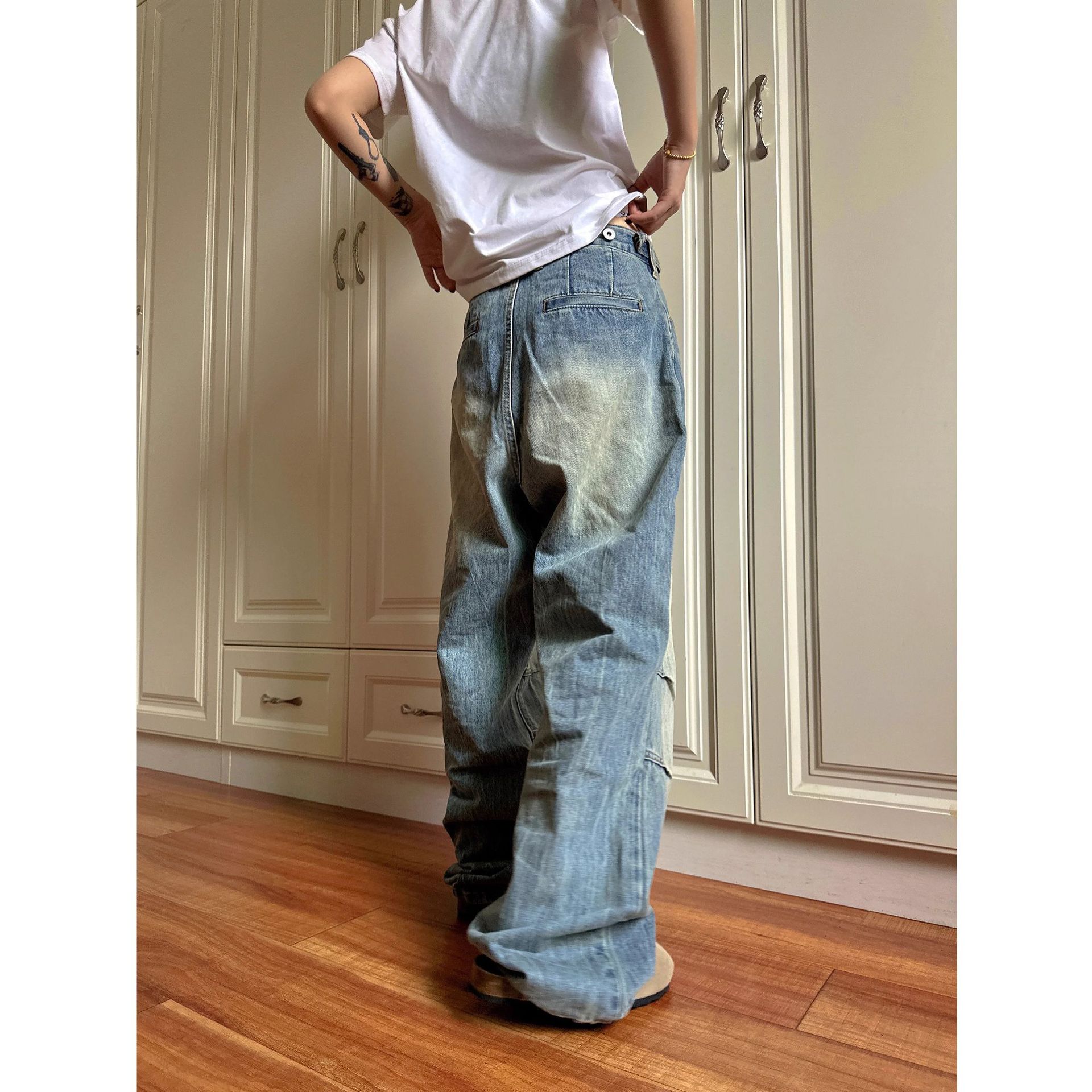 2024 Spring and Autumn New American Style Retro cleanfit Pleated Old Jeans Women's Wide Leg Straight All-match Pants