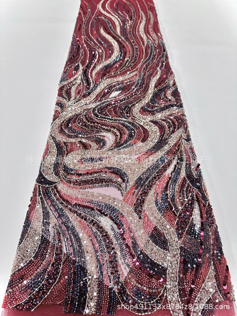 Wave streamline cuentas bordadas tela de malla delgada alfombra roja del desfile ligera de lujo fiesta de cumpleaños anfitrión vestido tela