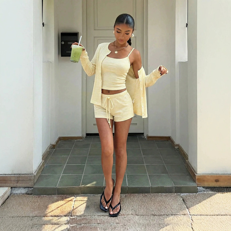 European and American Cross-Border Women's Clothing Set, Summer Three-Piece Set, Sweet and Slimming, Fashionable Camisole, Long-Sleeved Jacket, Shorts