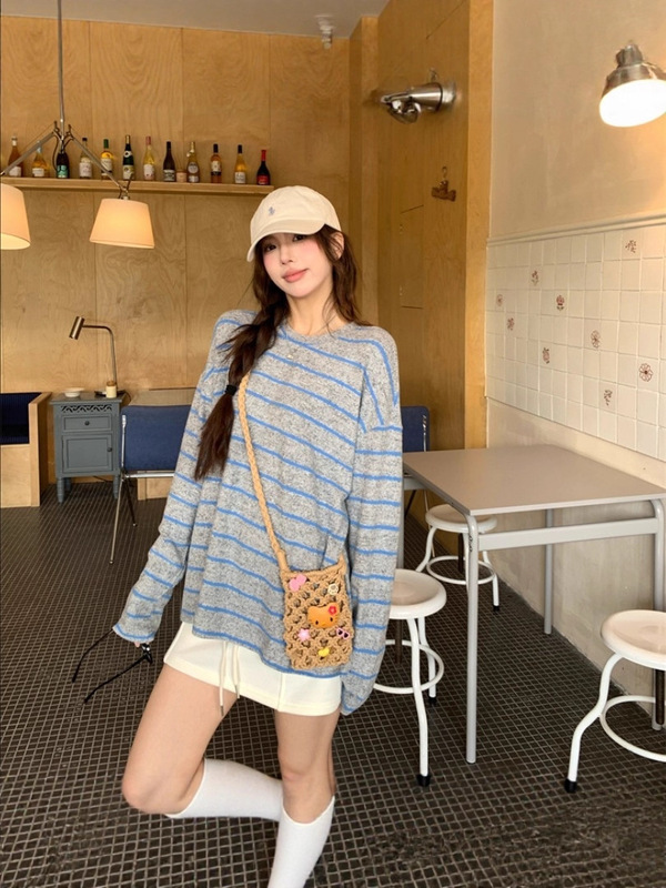 韩系慵懒风条纹圆领长袖T恤女2025秋季新款宽松百搭大码休闲上衣|undefined
