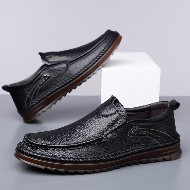Giày lười nam da bò lớp đầu mềm, đế bằng chống trượt, form rộng cỡ lớn — Kaki, Màu trắng, Màu đen
