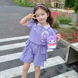 女童套装夏装新款洋气中大童短袖T恤短裤卡通时尚夏季女孩两件套