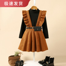 宝薪韩版秋冬童装千金风针织打底衫麂皮背带裙腰包三件套女童套装