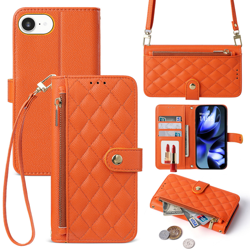 Suitable for Cross-Border Use, iPhone 16E Chanel-Style Card Holder Zipper Bag with Shoulder Strap, Wrist Strap, Wallet, Crossbody Phone Leather Case
