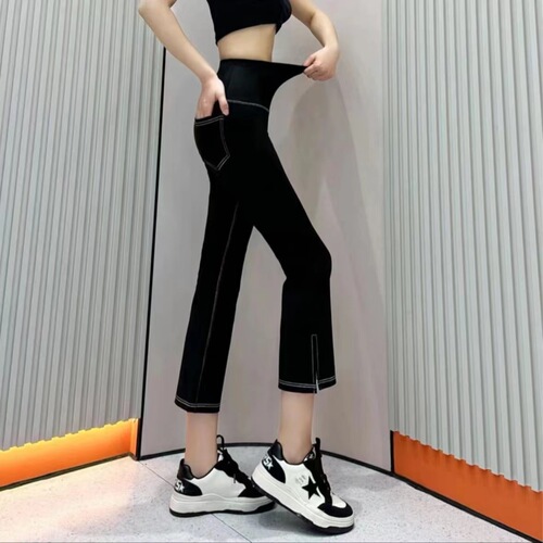 Seven-point shark pants for women, summer, clear-stitch thin, wearable leggings, high-waisted, tummy control, buttock-lifting, split, Barbie style, eight-point