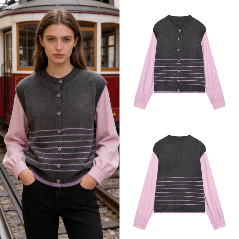 Z Brand Foreign Trade Cross-Border Ready Stock European and American Style Women's Clothing 2026 Spring New Fashion Patchwork Faux Two-Piece Knitted Cardigan
