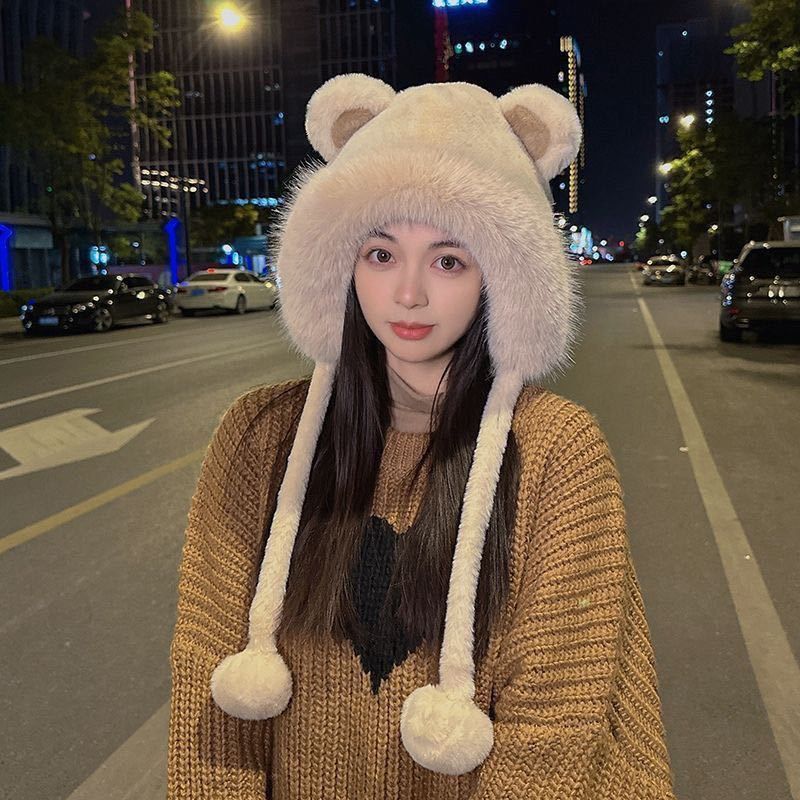 秋冬季可爱小熊毛绒绒百搭护耳包头帽女加厚套头防寒保暖加厚帽子|undefined