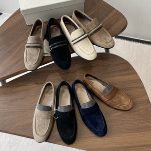 European and American Bc Women's Casual Deerskin Loafers Round Toe Cow Suede Bead Chain Retro Versatile Slip-On Slip-Ons