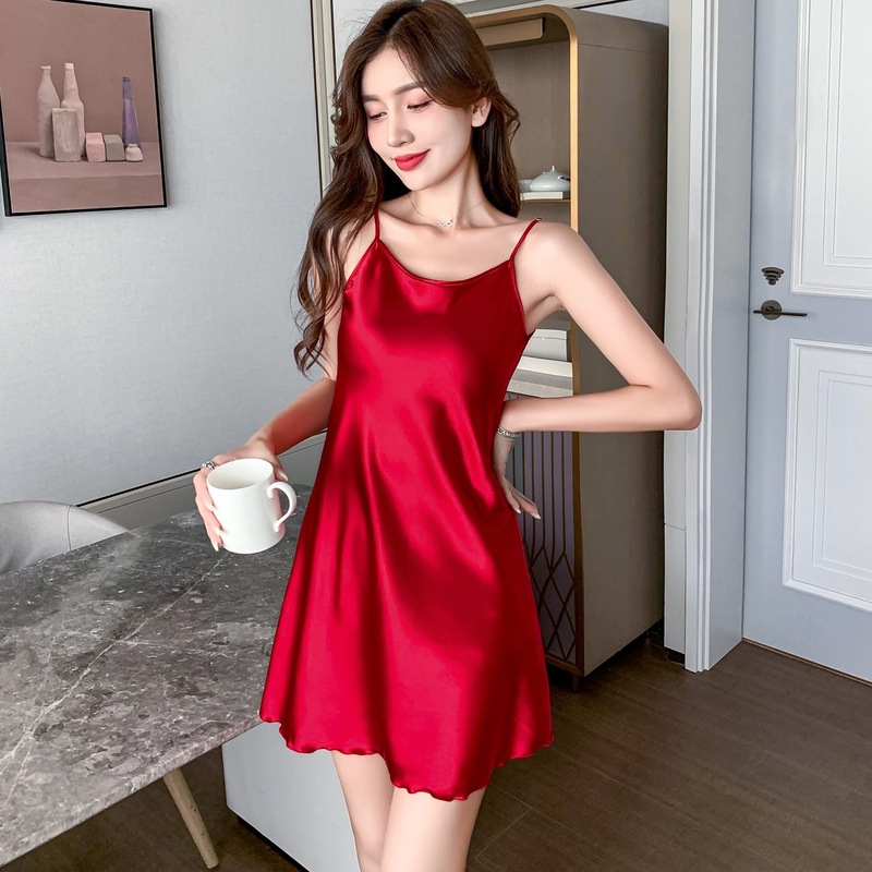 严选凉感带胸垫睡衣女冰丝吊带夏季美背丝绸睡裙夏薄款大码家居服|undefined