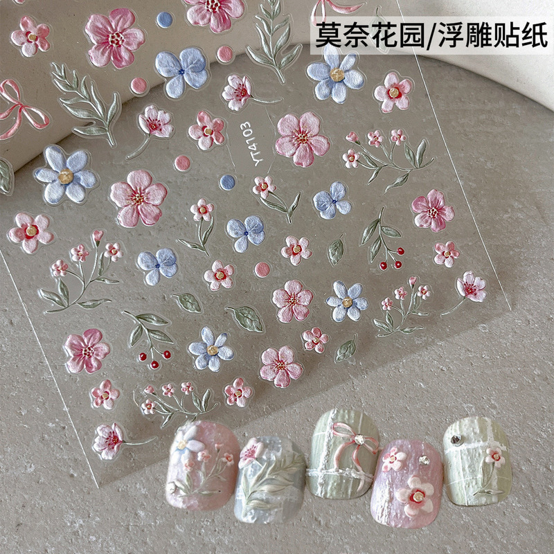 Embossed Flower Nail Stickers Monet Garden Trendy New Ins Oil Painting Style with Adhesive Colorful Nail Decals