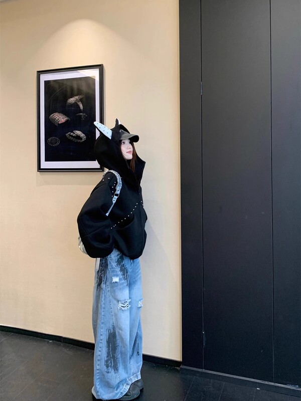 小众设计感铆钉拼接杜宾犬连帽运动衫男女宽松休闲百搭外套上衣潮|undefined
