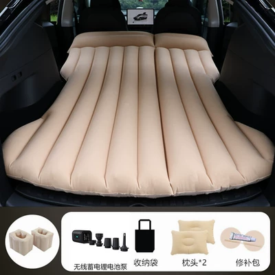 Vehicle-mounted inflatable bed: Sleeping Mat, In-Car Sleeping Tool - beige-tesla-model-y-with-black-wireless-battery-pump-square-base