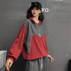 新品宽松大码套头休闲百搭拼接牛仔布连帽长袖卫衣女