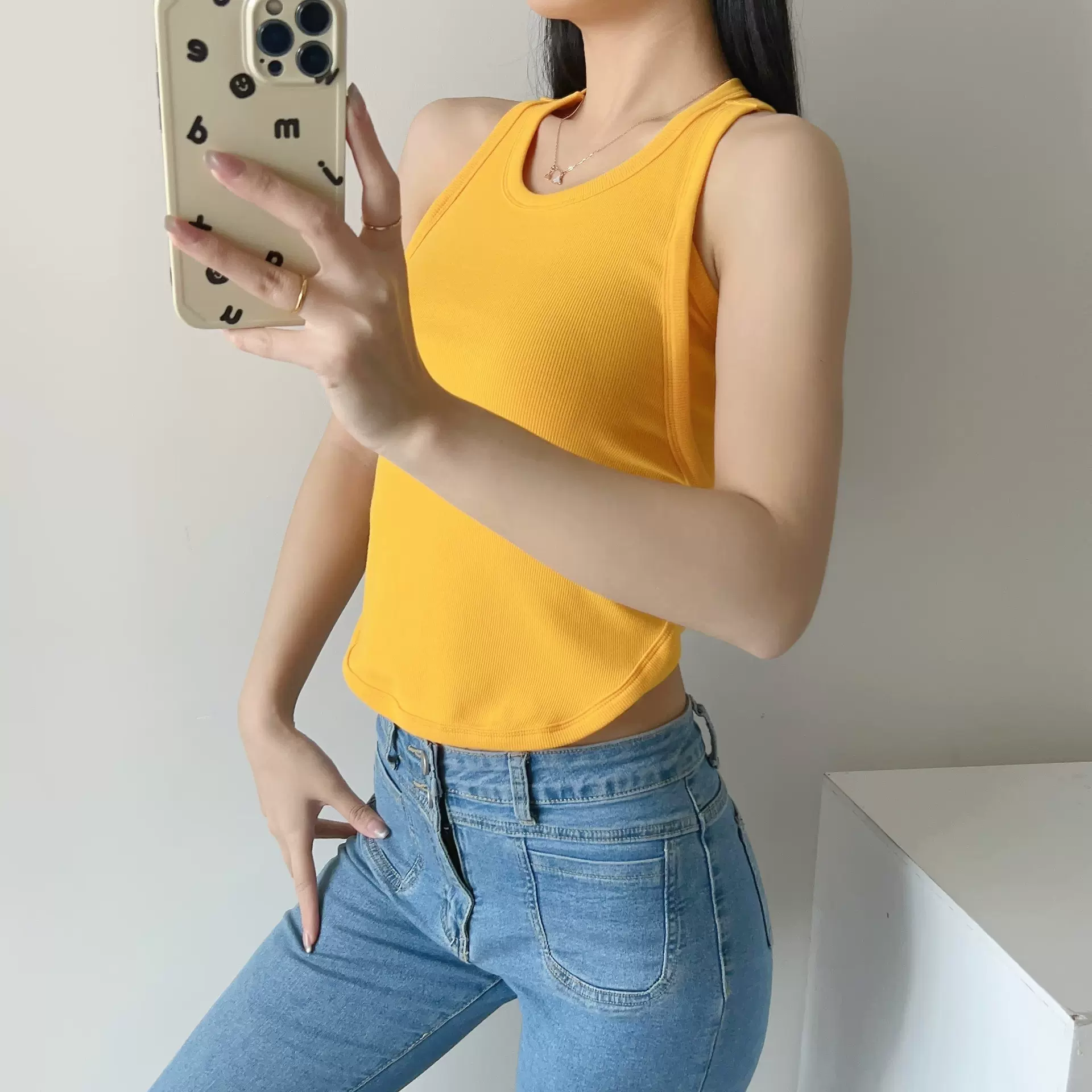 2023夏季新款修后腰弹力美式复古辣妹圆领高腰露脐背心