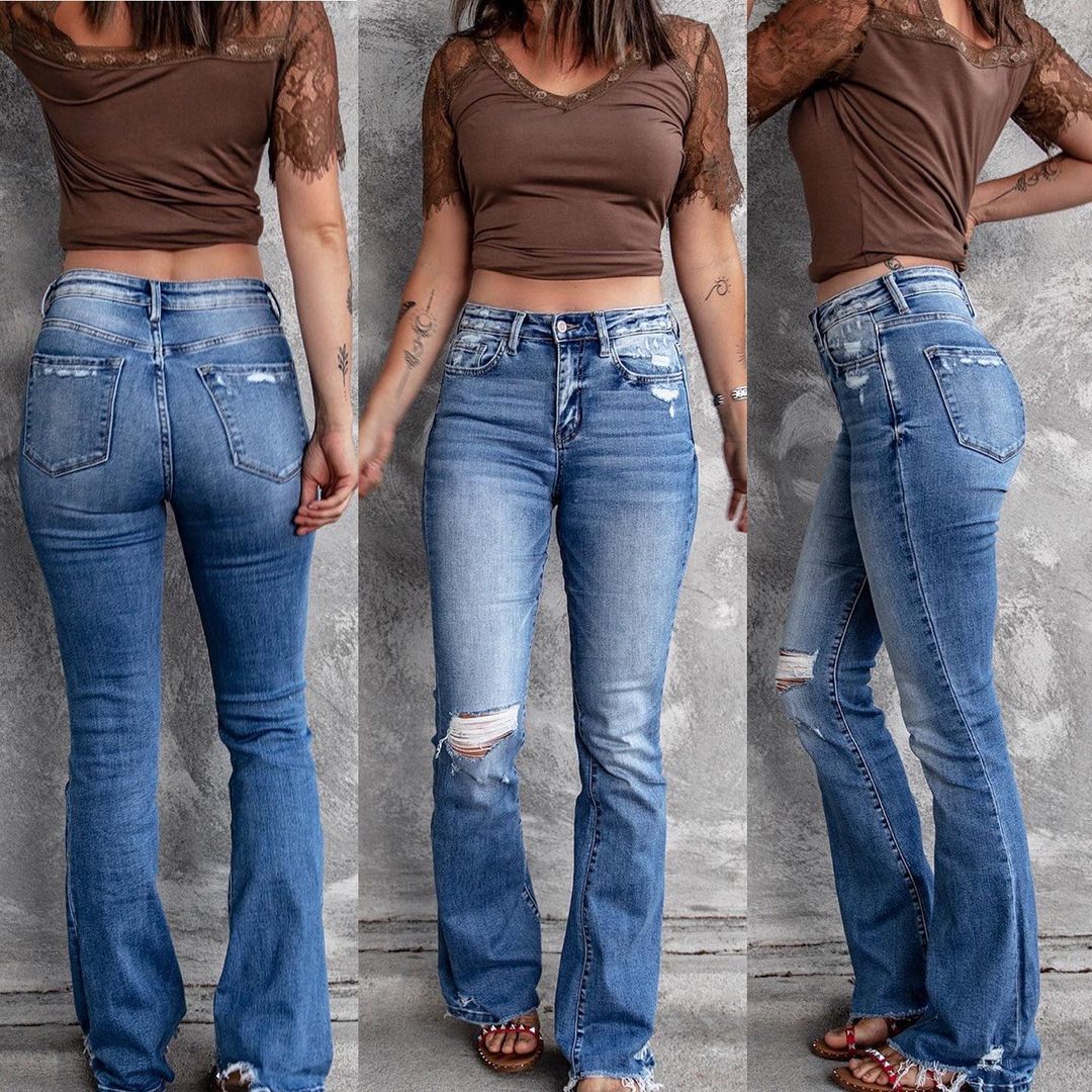 Jeans Acampanados de Cintura Alta para Mujer de Mezclilla, Alta Elasticidad, Rasgados, Borde Deshilachado, para Uso Casual image 1