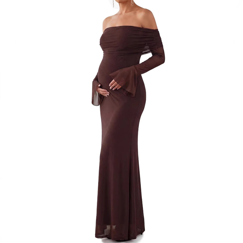 Ladies' Maternity Off-Shoulder Long-Sleeve Baby Shower Dress, Mesh Fitted Long Dress, Formal Wedding Guest Gown