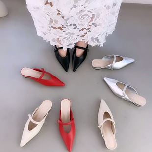 Genuine Leather Version ~ Commuter Half Slippers Women's All-match One-word Leather Toe Shoes Square Toe Thick Heel Retro Summer Sandals