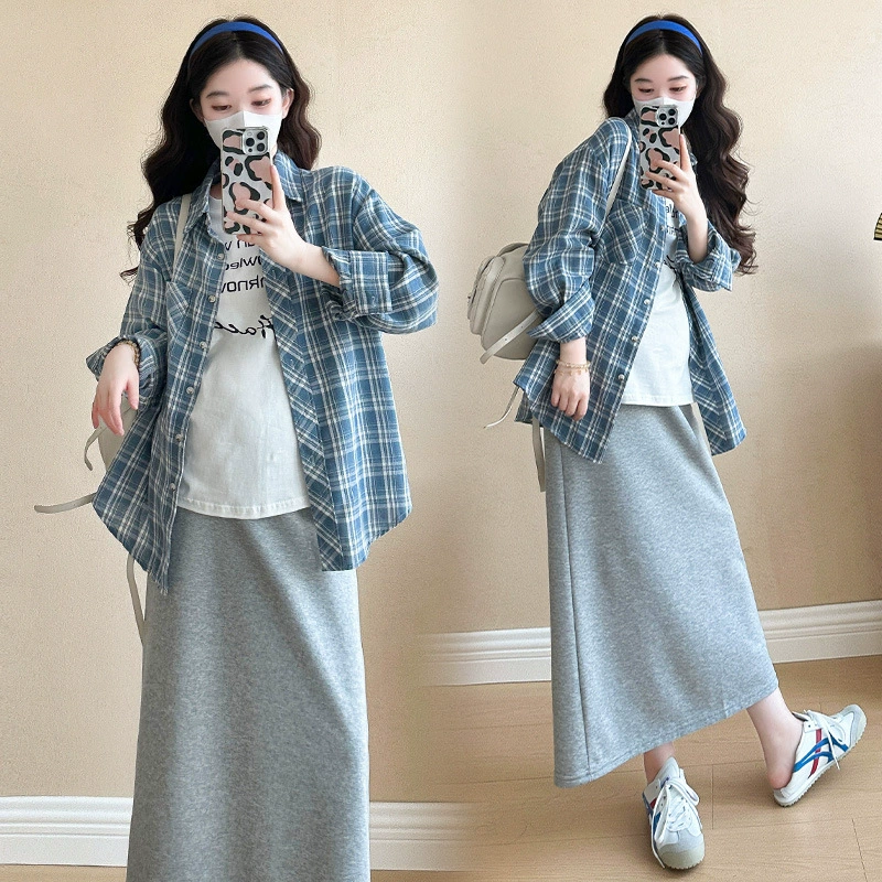 Spring T-shirt for pregnant, shirt, skirt for leisure, set, simple and elegant design, drawstring, 3 piece set